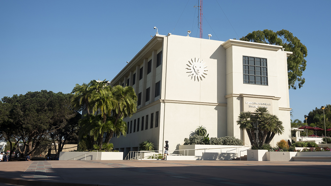 Malone Student Center with a blue sky in the background.